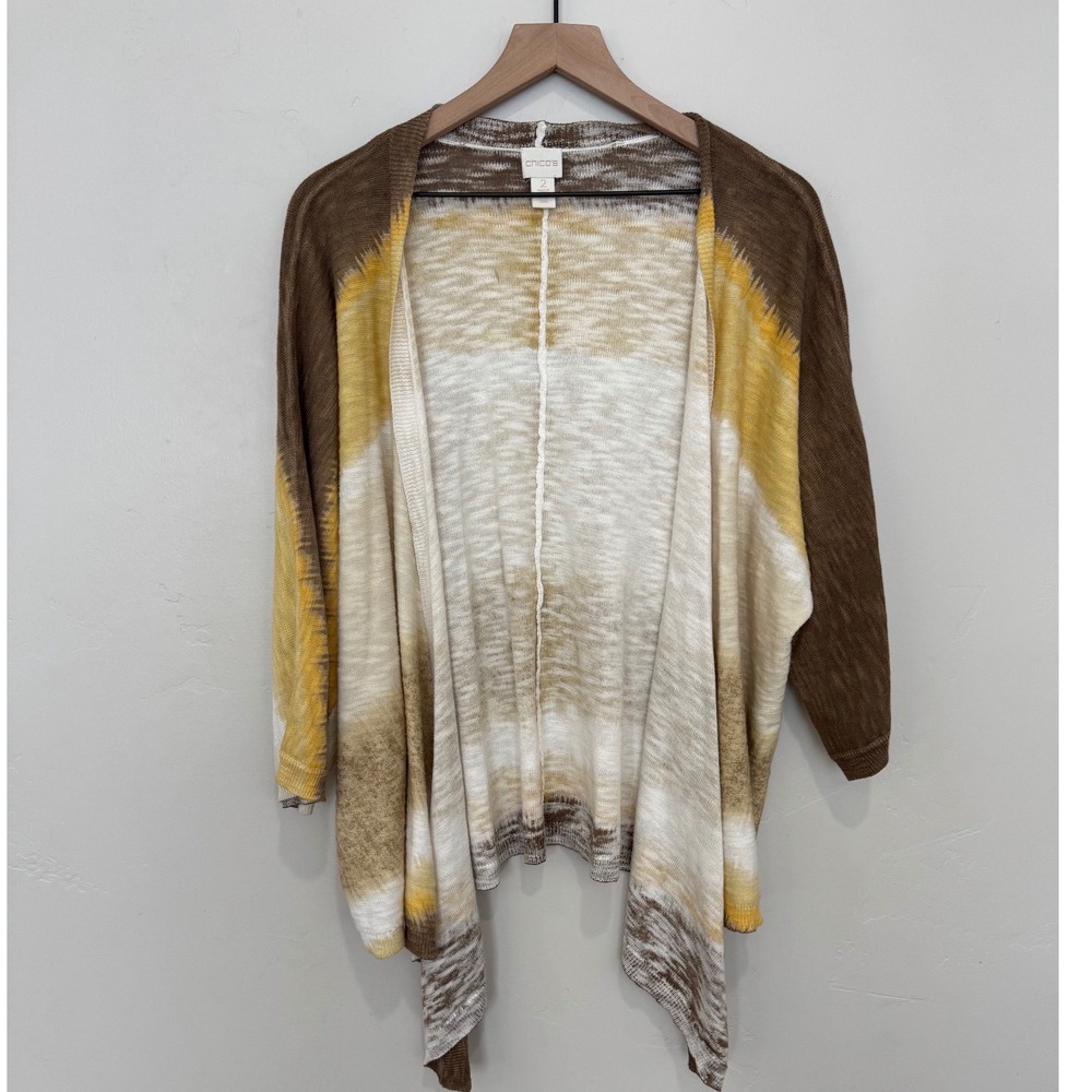 Chicos Open Front Drape Ombre Stripe Cardigan Brown Yellow Cotton Boho M Size 2